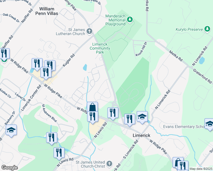map of restaurants, bars, coffee shops, grocery stores, and more near 187 Larrabee Way in Royersford
