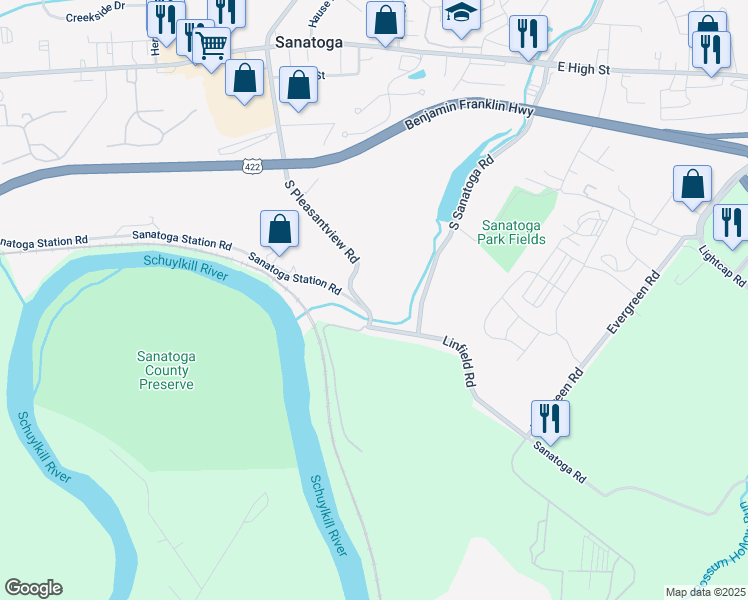 map of restaurants, bars, coffee shops, grocery stores, and more near 343 South Pleasantview Road in Sanatoga