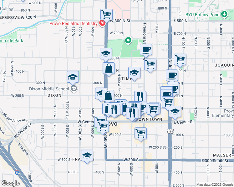 map of restaurants, bars, coffee shops, grocery stores, and more near 209 North 400 West Street in Provo