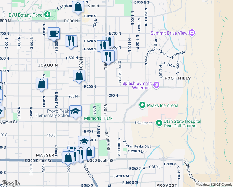 map of restaurants, bars, coffee shops, grocery stores, and more near 993 East 200 North in Provo