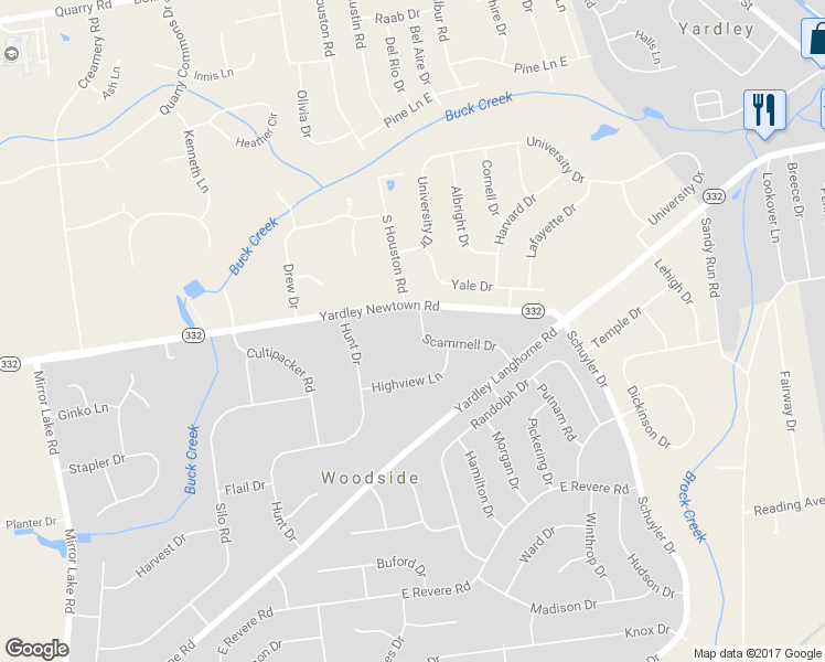 map of restaurants, bars, coffee shops, grocery stores, and more near 15 Scammell Drive in Yardley