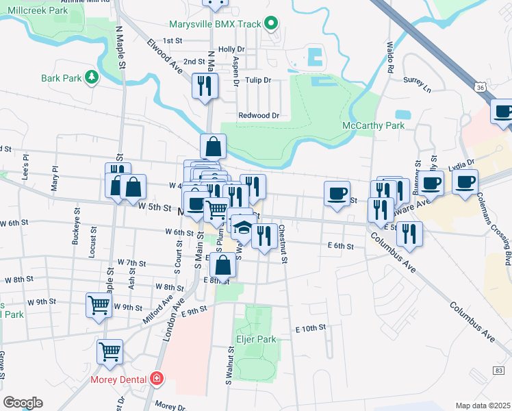 map of restaurants, bars, coffee shops, grocery stores, and more near 318 East 5th Street in Marysville