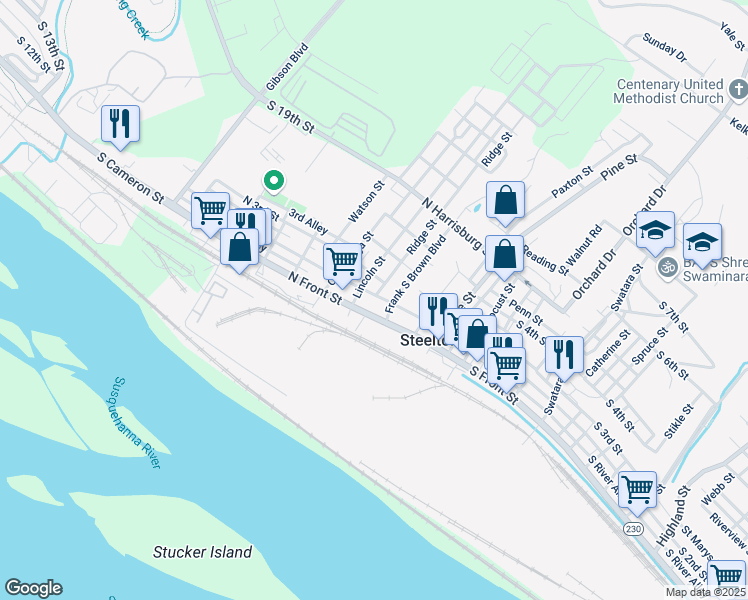 map of restaurants, bars, coffee shops, grocery stores, and more near 230 North 2nd Street in Steelton