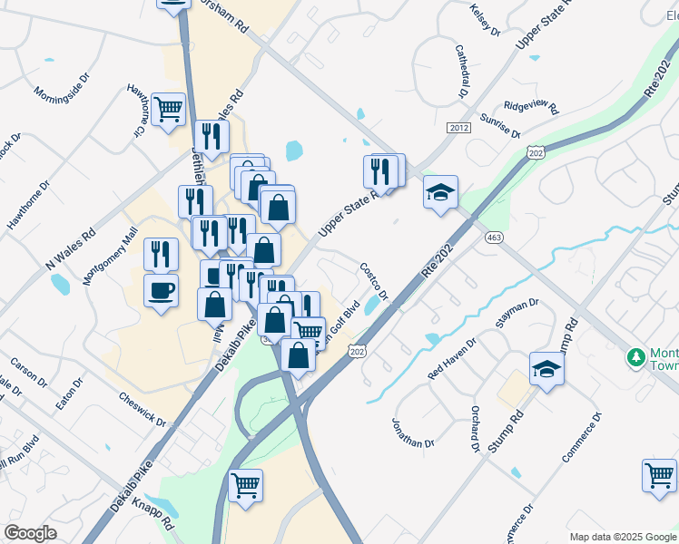 map of restaurants, bars, coffee shops, grocery stores, and more near 501 Susan Circle in North Wales