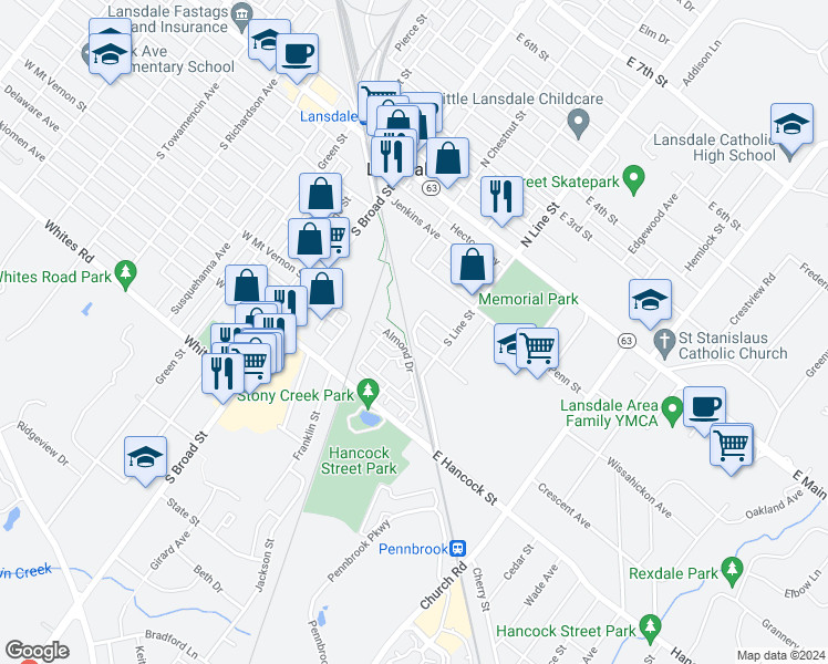 map of restaurants, bars, coffee shops, grocery stores, and more near 160 East Mount Vernon Street in Lansdale