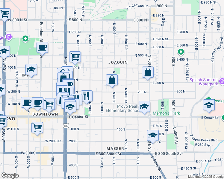 map of restaurants, bars, coffee shops, grocery stores, and more near 356 200 North in Provo