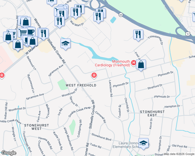 map of restaurants, bars, coffee shops, grocery stores, and more near 1 Municipal Plaza in Freehold Township