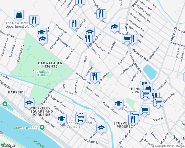 map of restaurants, bars, coffee shops, grocery stores, and more near 215 Highland Avenue in Trenton