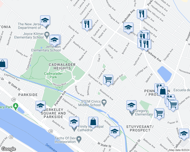 map of restaurants, bars, coffee shops, grocery stores, and more near 24 Belmont Circle in Trenton