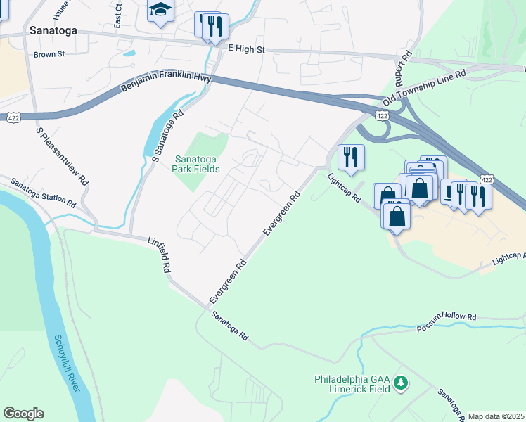 map of restaurants, bars, coffee shops, grocery stores, and more near 260 Evergreen Road in Pottstown