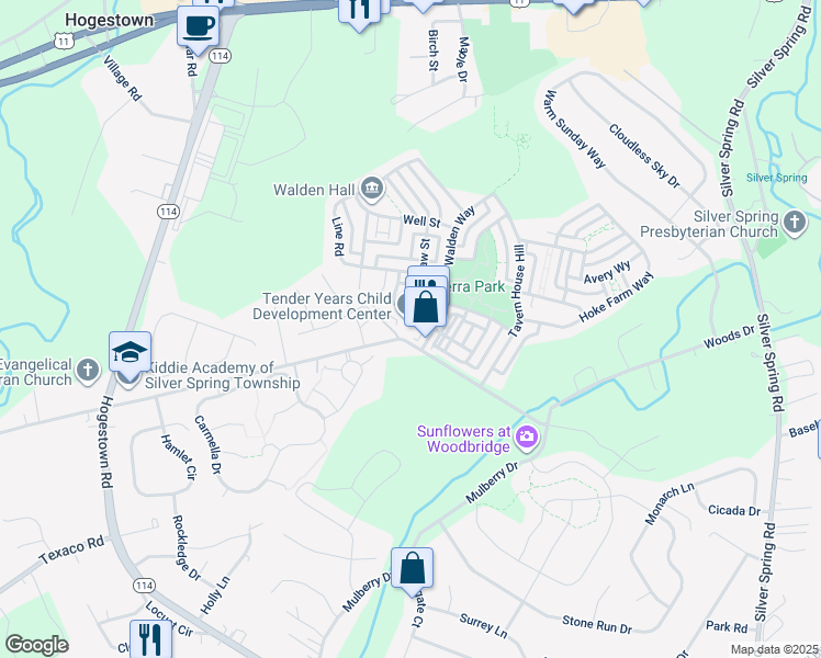 map of restaurants, bars, coffee shops, grocery stores, and more near 100 Walden Way in Mechanicsburg