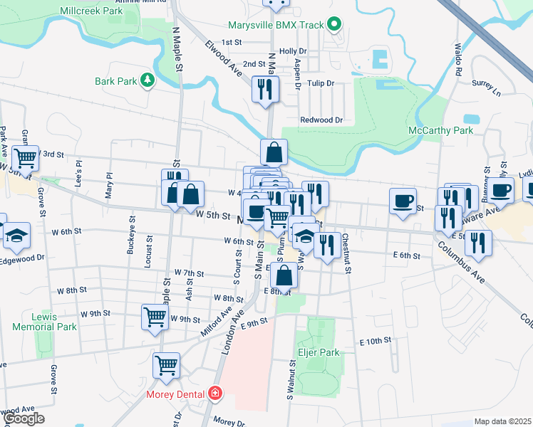 map of restaurants, bars, coffee shops, grocery stores, and more near in Marysville