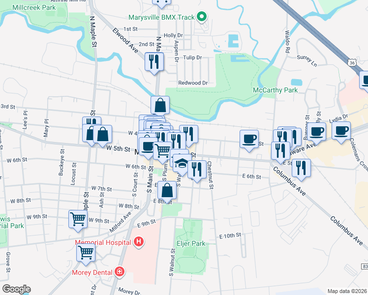 map of restaurants, bars, coffee shops, grocery stores, and more near 303 East 5th Street in Marysville