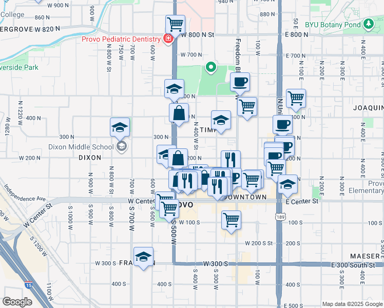 map of restaurants, bars, coffee shops, grocery stores, and more near 209 North 400 West Street in Provo