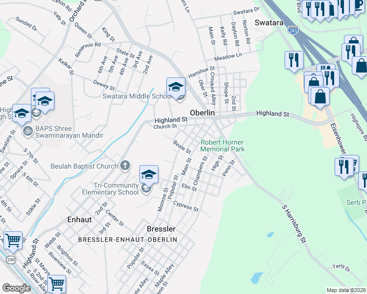 map of restaurants, bars, coffee shops, grocery stores, and more near 971 Monroe Street in Harrisburg