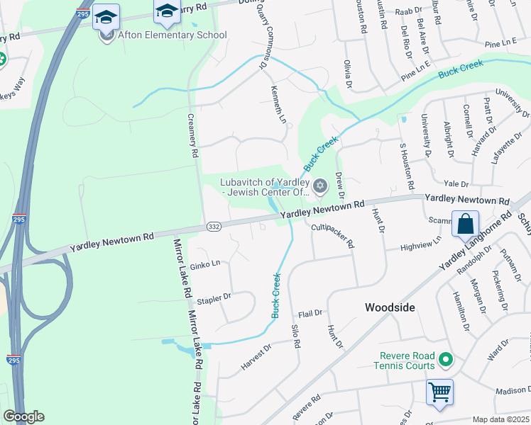 map of restaurants, bars, coffee shops, grocery stores, and more near 1501 Yardley Newtown Road in Yardley