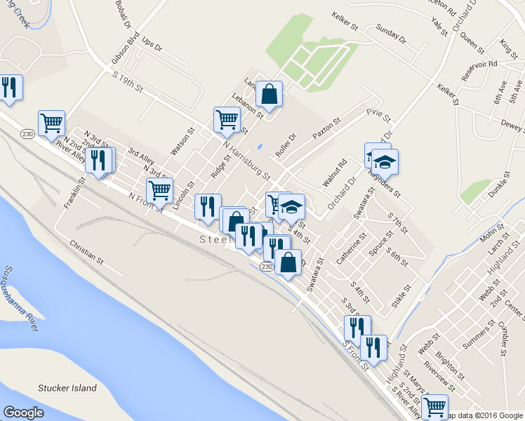 map of restaurants, bars, coffee shops, grocery stores, and more near 29 North 4th Street in Steelton