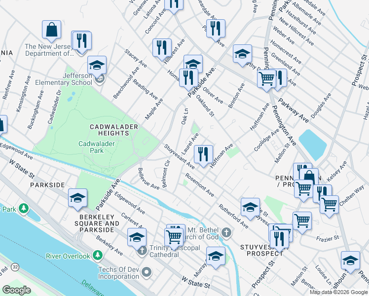 map of restaurants, bars, coffee shops, grocery stores, and more near 25 Laurel Avenue in Trenton