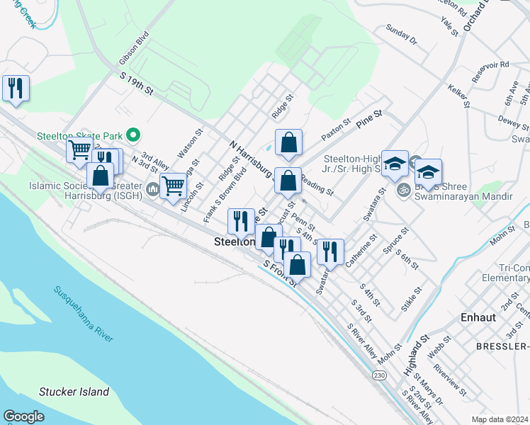 map of restaurants, bars, coffee shops, grocery stores, and more near 246 Pine Street in Steelton