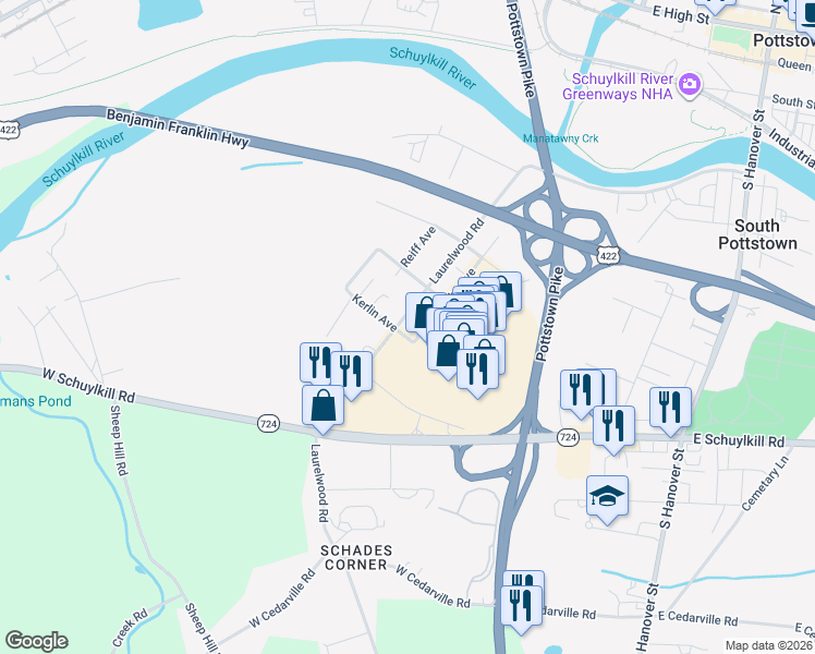 map of restaurants, bars, coffee shops, grocery stores, and more near 482 Laurelwood Road in Pottstown