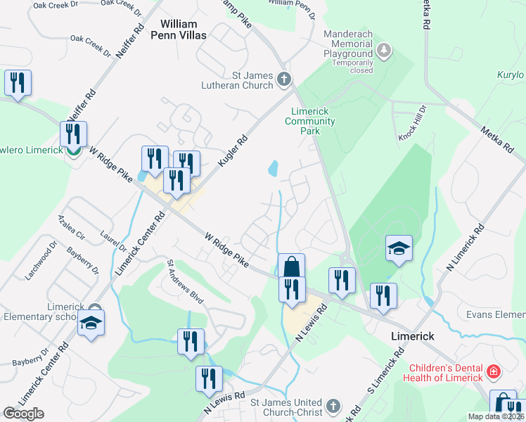 map of restaurants, bars, coffee shops, grocery stores, and more near 503 Carver Lane in Royersford