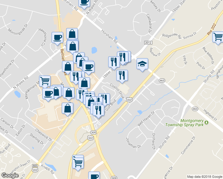 map of restaurants, bars, coffee shops, grocery stores, and more near 410 Susan Circle in North Wales