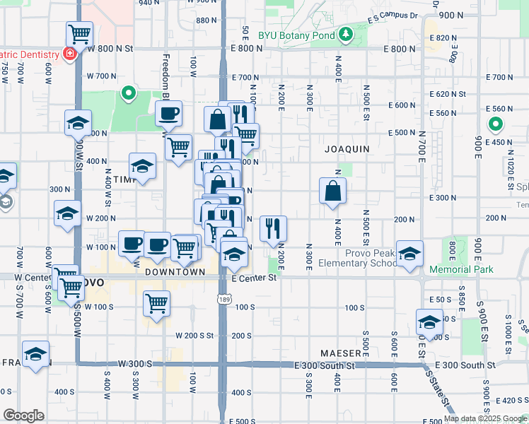 map of restaurants, bars, coffee shops, grocery stores, and more near 135 East 200 North in Provo