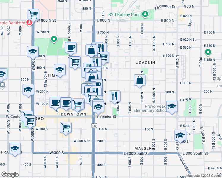 map of restaurants, bars, coffee shops, grocery stores, and more near 135 East 200 North in Provo