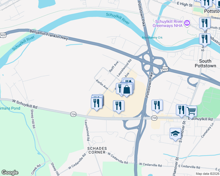 map of restaurants, bars, coffee shops, grocery stores, and more near 484 Laurelwood Road in Pottstown