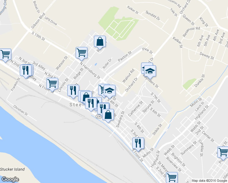 map of restaurants, bars, coffee shops, grocery stores, and more near 44 South Harrisburg Street in Steelton