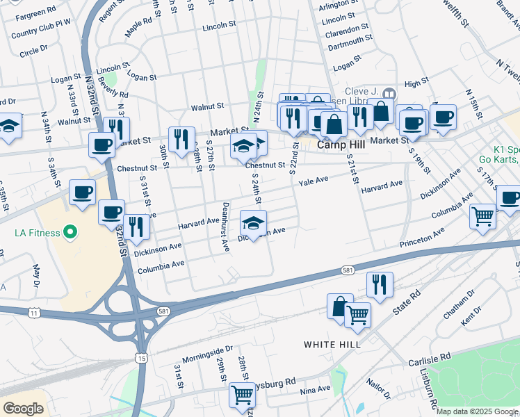map of restaurants, bars, coffee shops, grocery stores, and more near 2311 Yale Avenue in Camp Hill