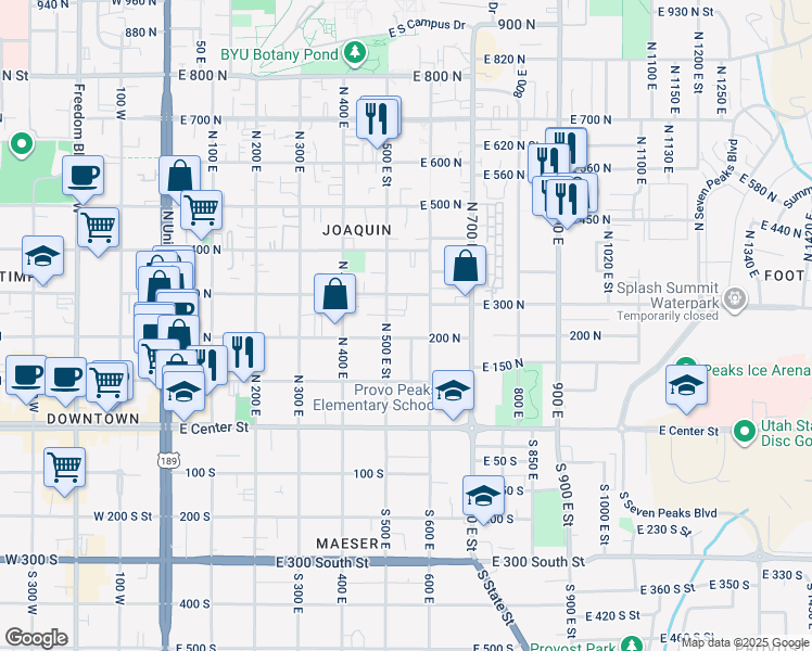map of restaurants, bars, coffee shops, grocery stores, and more near 292 North 500 East Street in Provo