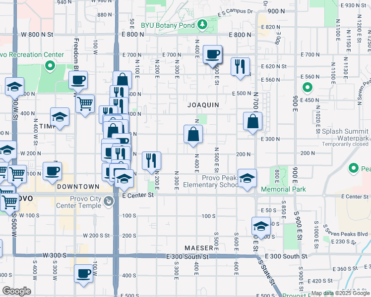 map of restaurants, bars, coffee shops, grocery stores, and more near 366 300 North in Provo
