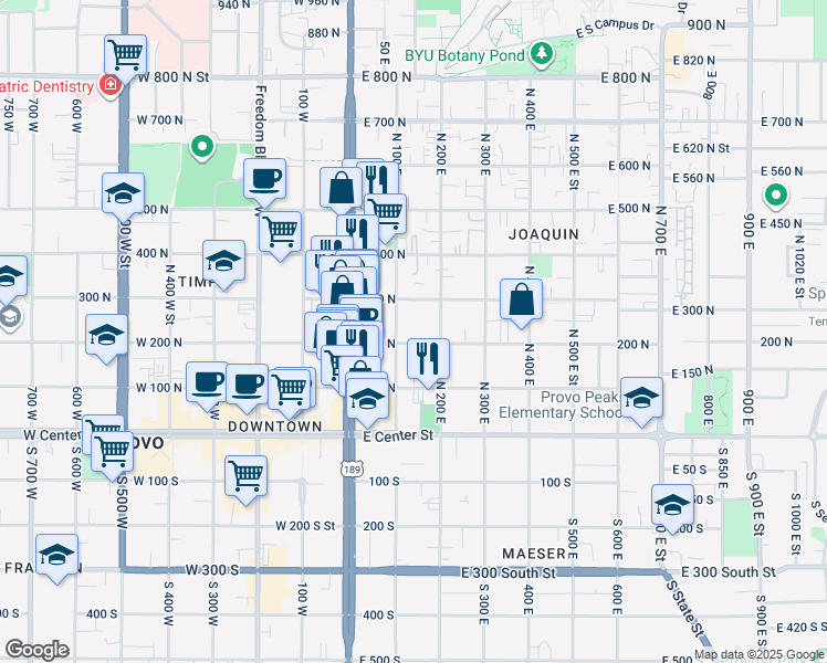 map of restaurants, bars, coffee shops, grocery stores, and more near 287 North 200 East in Provo