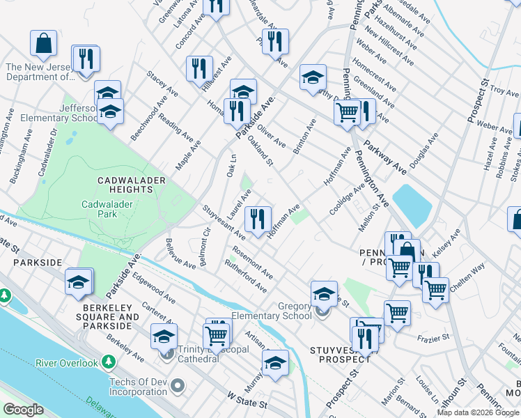 map of restaurants, bars, coffee shops, grocery stores, and more near 284 Highland Avenue in Trenton
