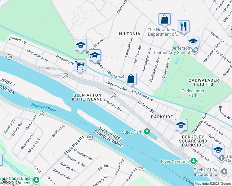 map of restaurants, bars, coffee shops, grocery stores, and more near 74 Sanhican Drive in Trenton