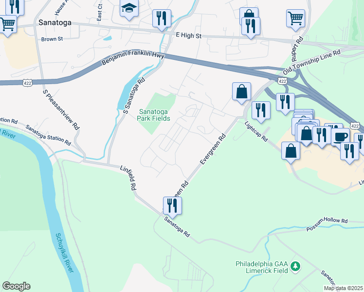 map of restaurants, bars, coffee shops, grocery stores, and more near 243 Evergreen Road in Pottstown