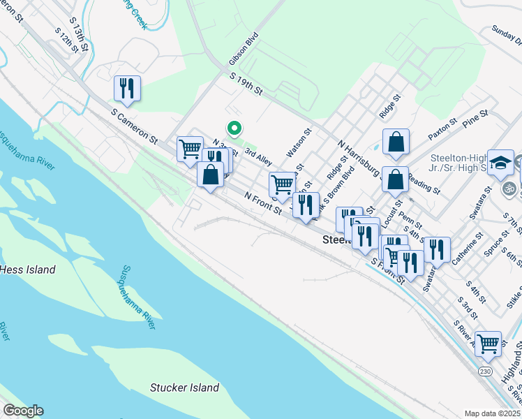 map of restaurants, bars, coffee shops, grocery stores, and more near 427 North Front Street in Steelton