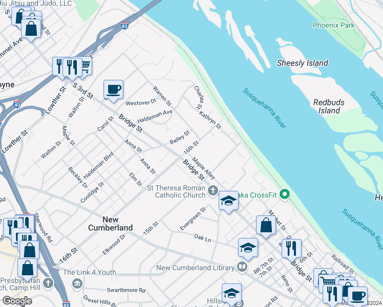map of restaurants, bars, coffee shops, grocery stores, and more near 211 16th Street in New Cumberland