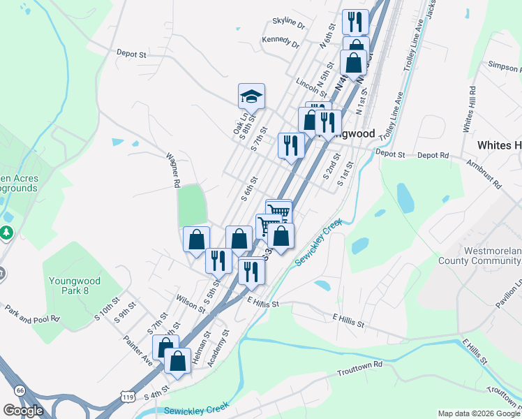 map of restaurants, bars, coffee shops, grocery stores, and more near 204 South 6th Street in Youngwood