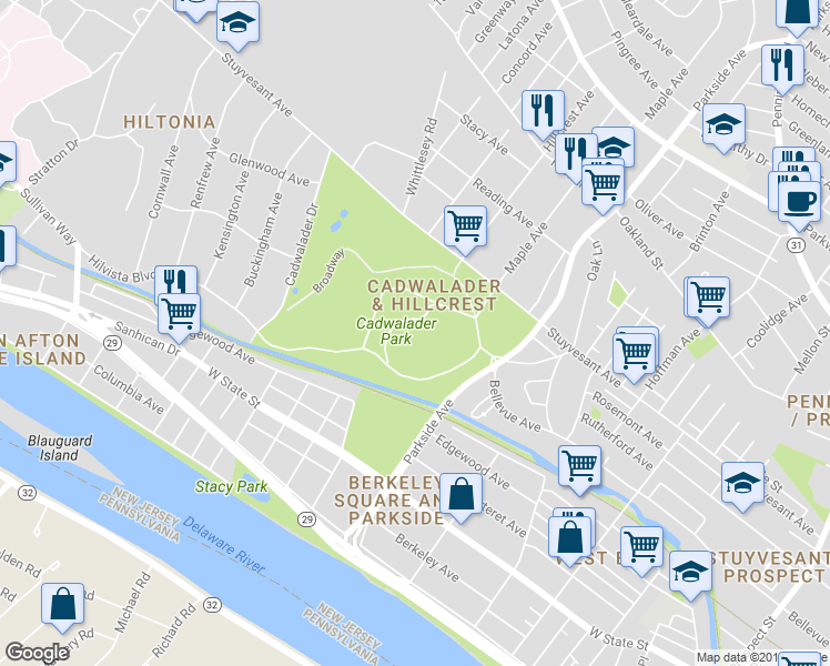 map of restaurants, bars, coffee shops, grocery stores, and more near 1 Theater Lane in Trenton