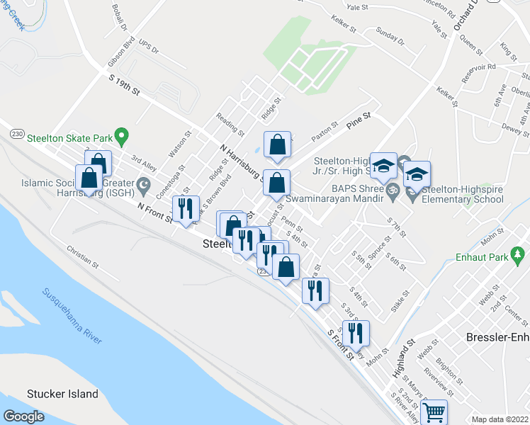map of restaurants, bars, coffee shops, grocery stores, and more near 23 North 4th Street in Steelton