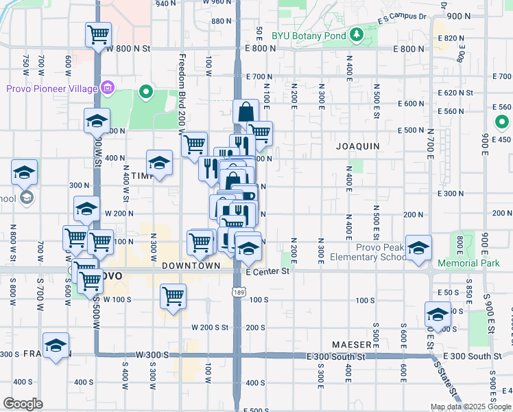 map of restaurants, bars, coffee shops, grocery stores, and more near 75 East 200 North in Provo