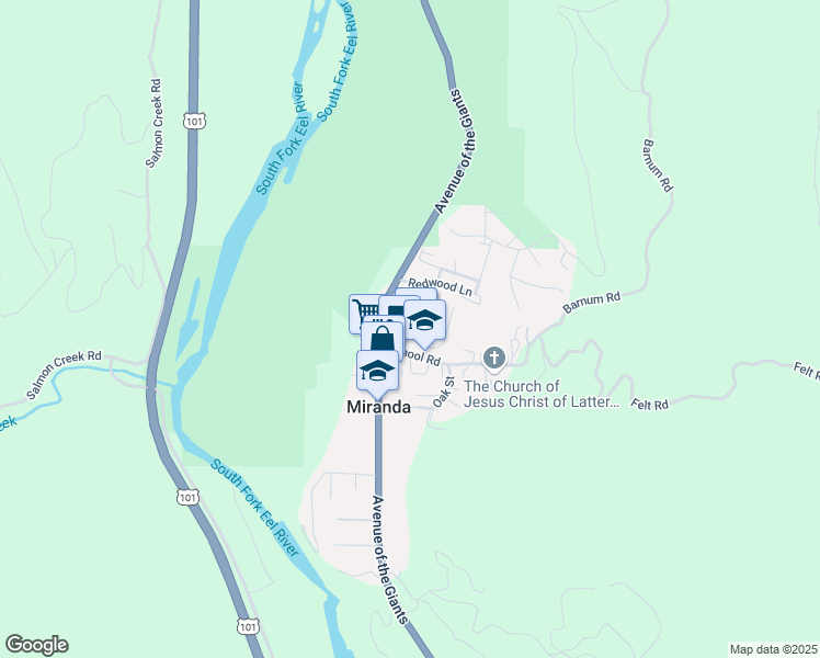 map of restaurants, bars, coffee shops, grocery stores, and more near 6831 Avenue of the Giants in Myers Flat