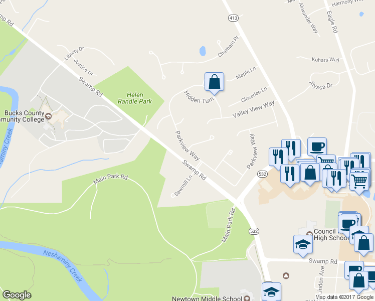 map of restaurants, bars, coffee shops, grocery stores, and more near 346 Parkview Way in Newtown