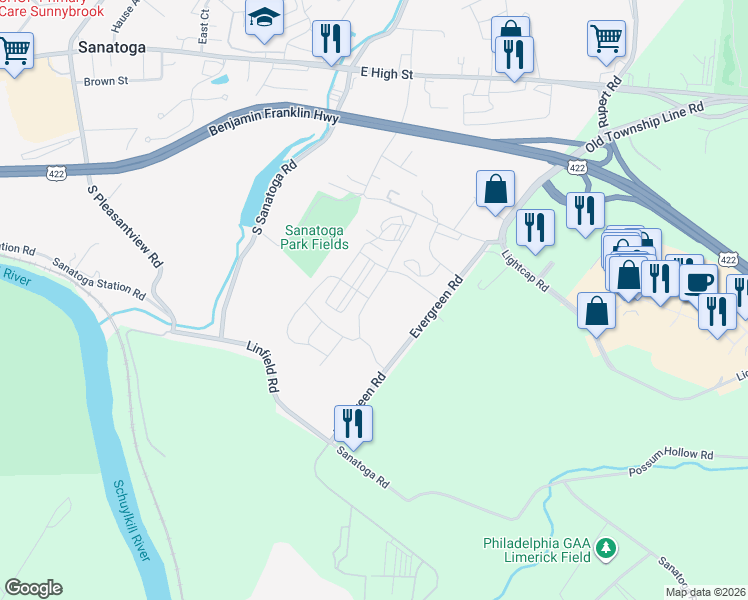 map of restaurants, bars, coffee shops, grocery stores, and more near 1001 Dylan M Engel Way in Sanatoga