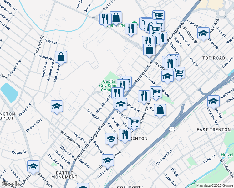 map of restaurants, bars, coffee shops, grocery stores, and more near 31 West Miller Street in Trenton