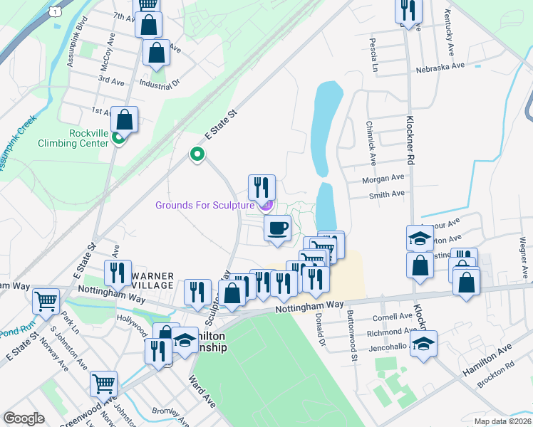 map of restaurants, bars, coffee shops, grocery stores, and more near 18 Fairgrounds Road in Hamilton Township