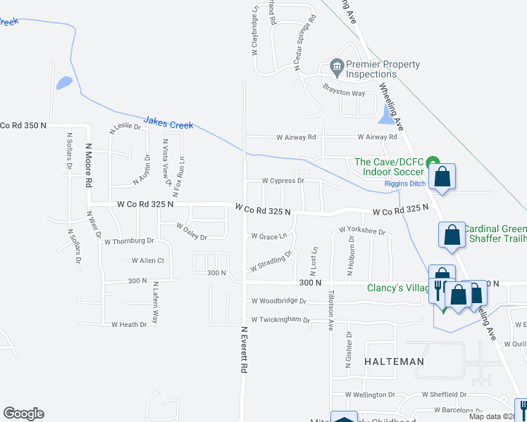 map of restaurants, bars, coffee shops, grocery stores, and more near West Co Road 325 North in Muncie