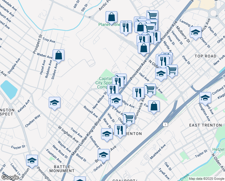 map of restaurants, bars, coffee shops, grocery stores, and more near 31 West Miller Street in Trenton